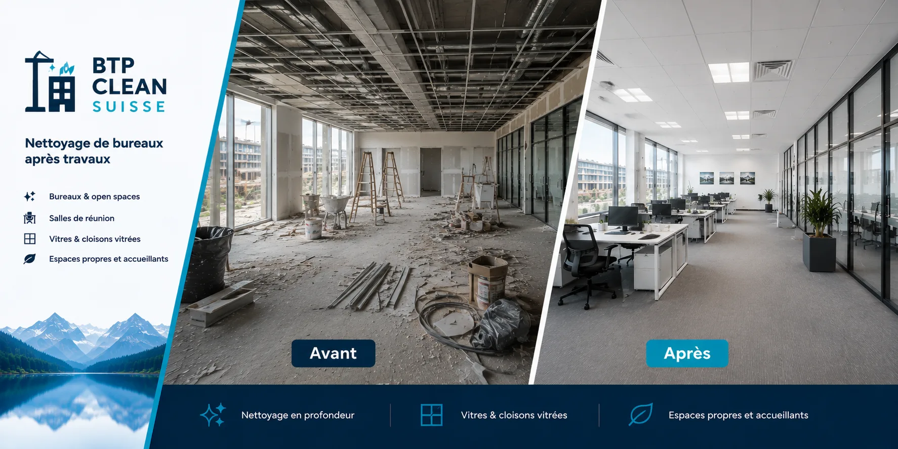 BTP Clean Suisse — nettoyage de bureaux après travaux, avant/après